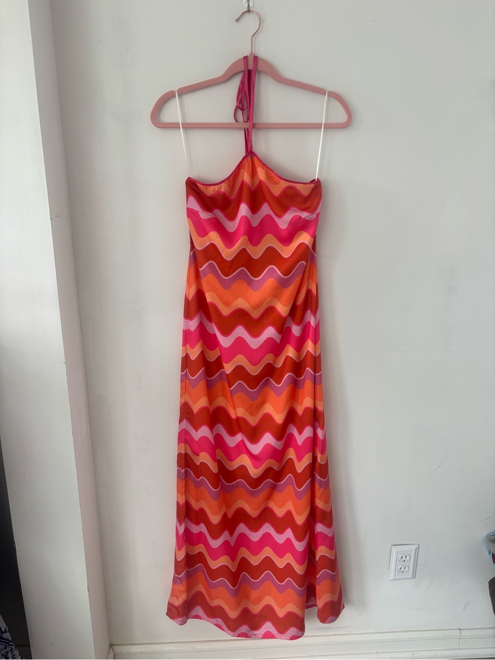 Silka XS Retro Wavy Stripe Halter Slip Dress in Pink & Orange